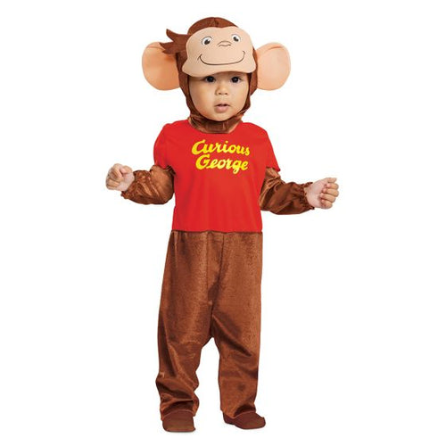 Child wearing a Curious George costume on a white background
