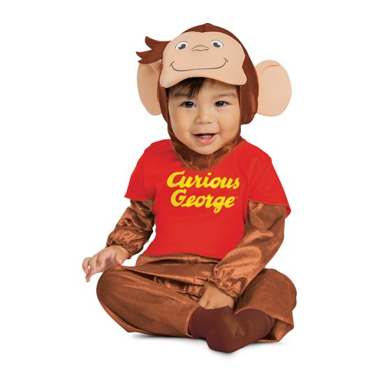 Child wearing a Curious George costume with a red shirt and brown outfit on a white background