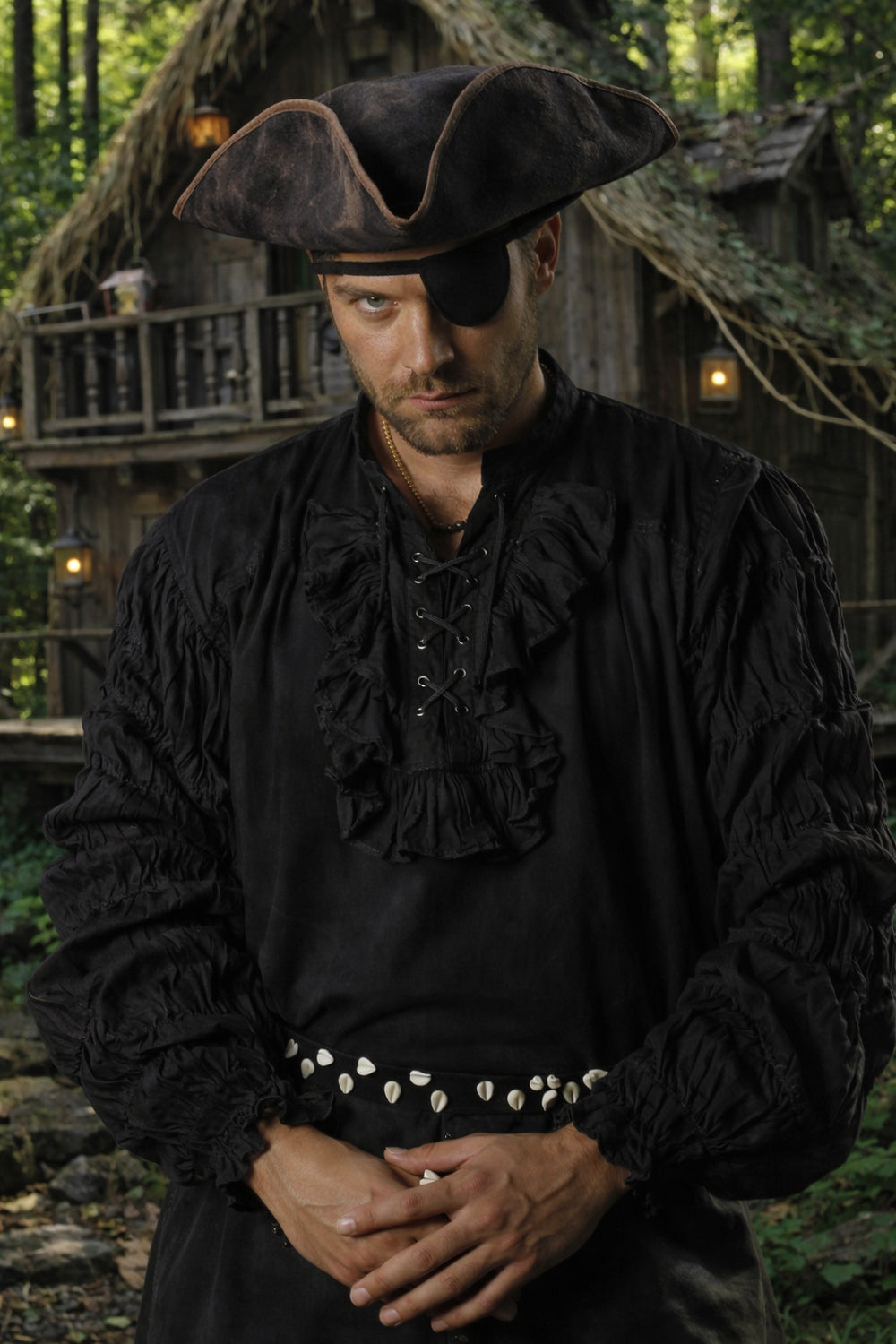 Person in pirate costume standing in front of a rustic wooden cabin in the woods.