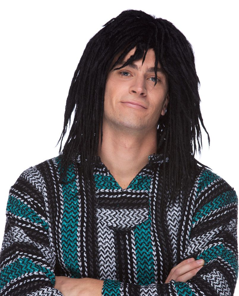 Person wearing a black and teal patterned robe with a wig on a white background