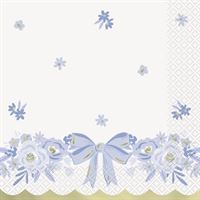 Decorative border with blue flowers and ribbons on a white background