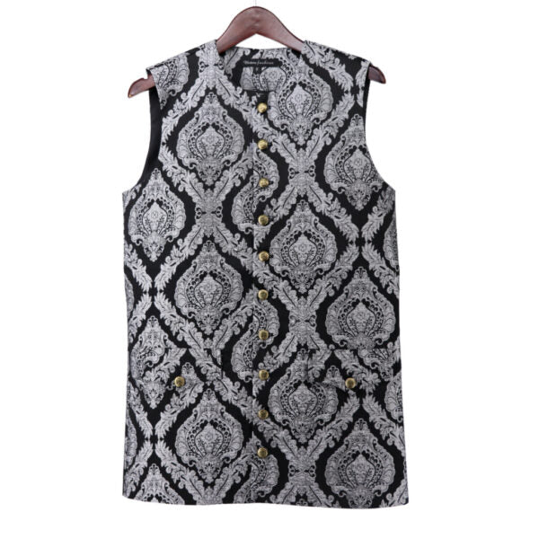 Black and white patterned sleeveless top with gold buttons on a hanger against a white background