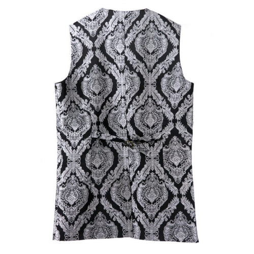 Black and white patterned sleeveless top on a white background