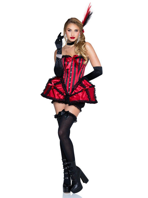 A woman modeling a red and black corset-style costume dress with black gloves, black thigh-high stockings, and black platform boots against a plain white studio background.