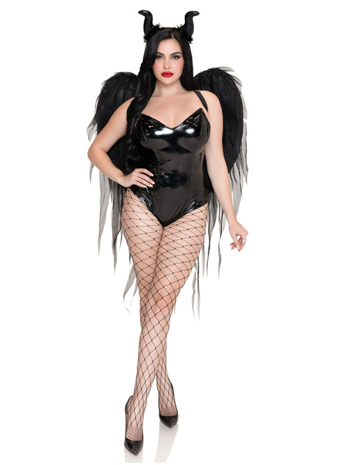 A woman modeling a black devil costume set featuring a glossy black bodysuit, large black feather wings, black horn headpiece, and black fishnet tights, against a plain white background.