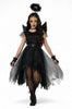 Woman wearing a black and gray costume with wings on a white background