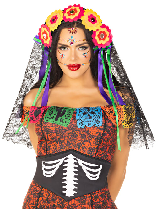 Day Of The Dead Flower Head Piece with Lace Veil