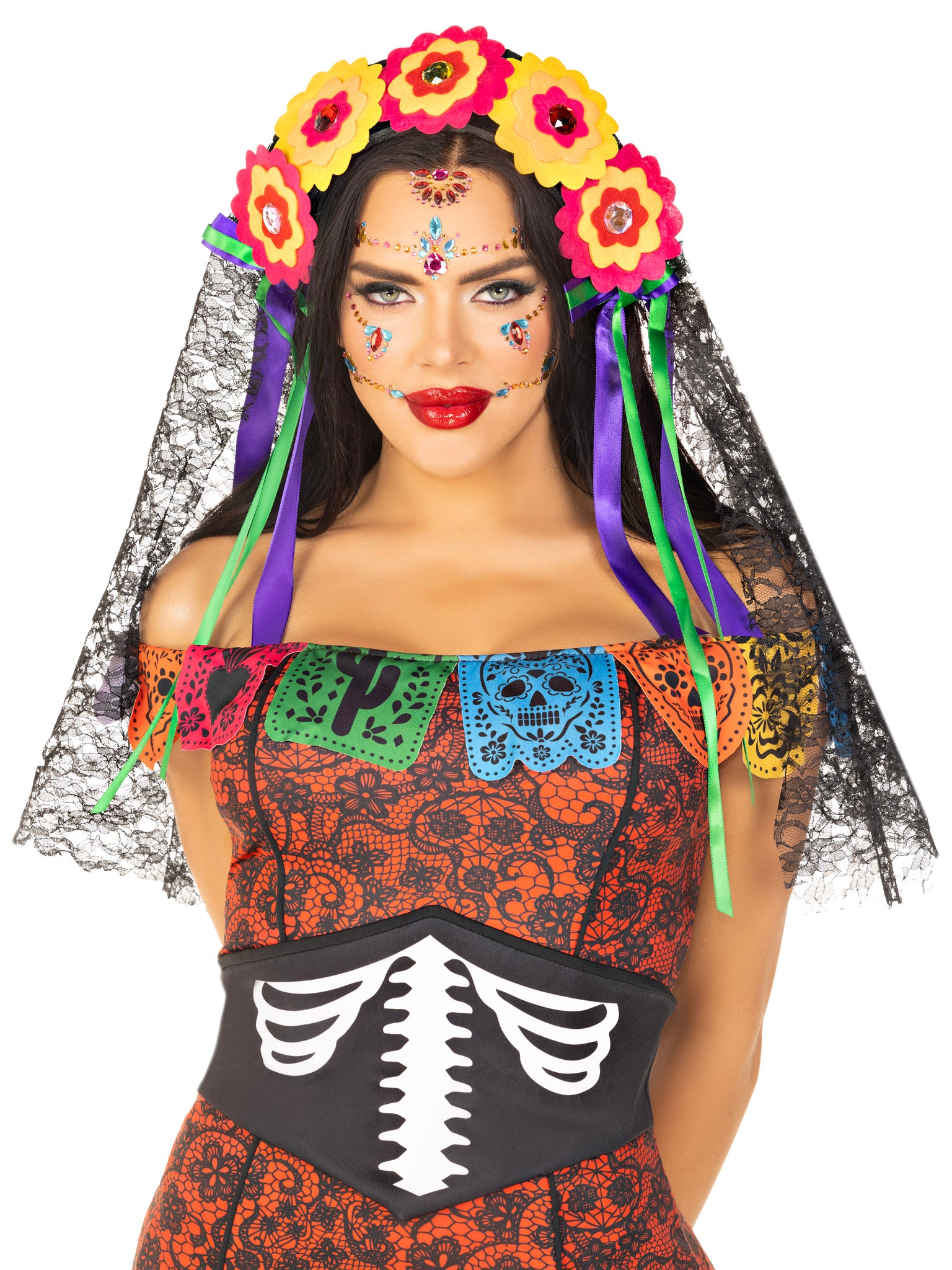 Day Of The Dead Flower Head Piece with Lace Veil