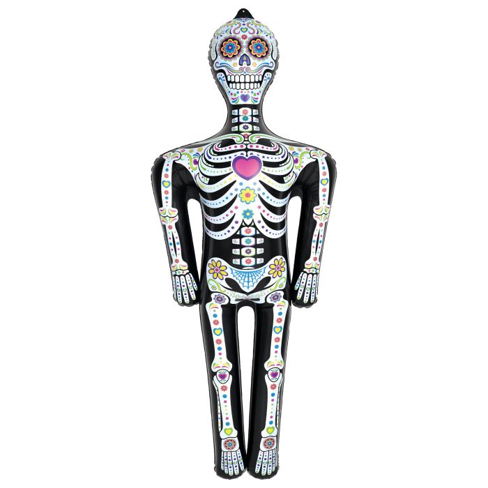 Decorative skeleton figure with colorful designs on a white background