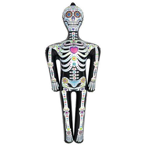 Decorative skeleton figure with colorful designs on a white background