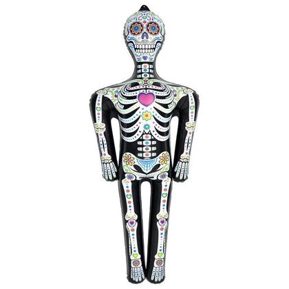 Decorative skeleton figure with colorful designs on a white background