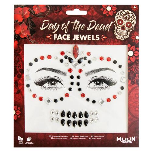 Packaging of Day of the Dead face jewels with decorative skull design on a red background.
