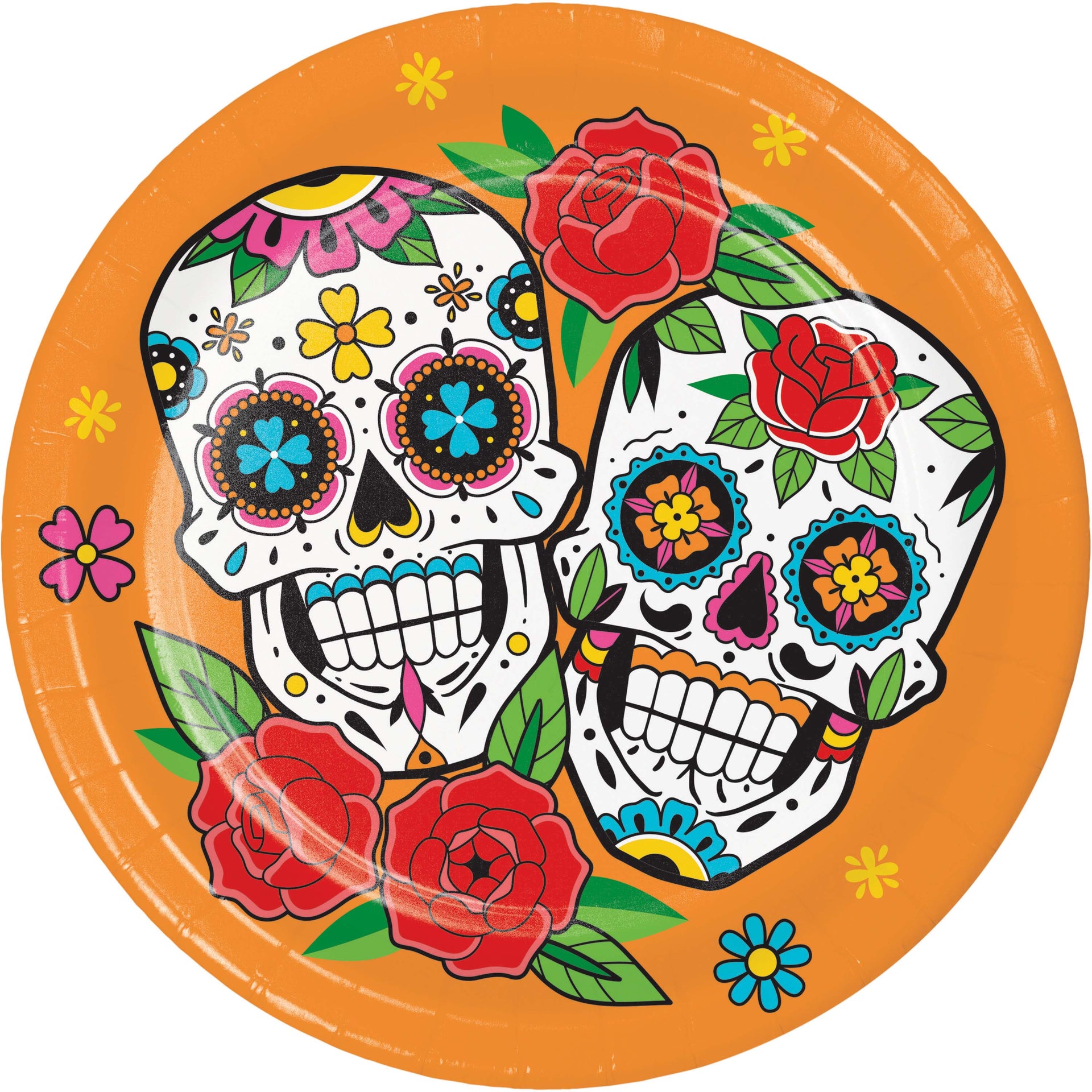 Decorative paper plate with colorful sugar skull design and flowers on an orange background