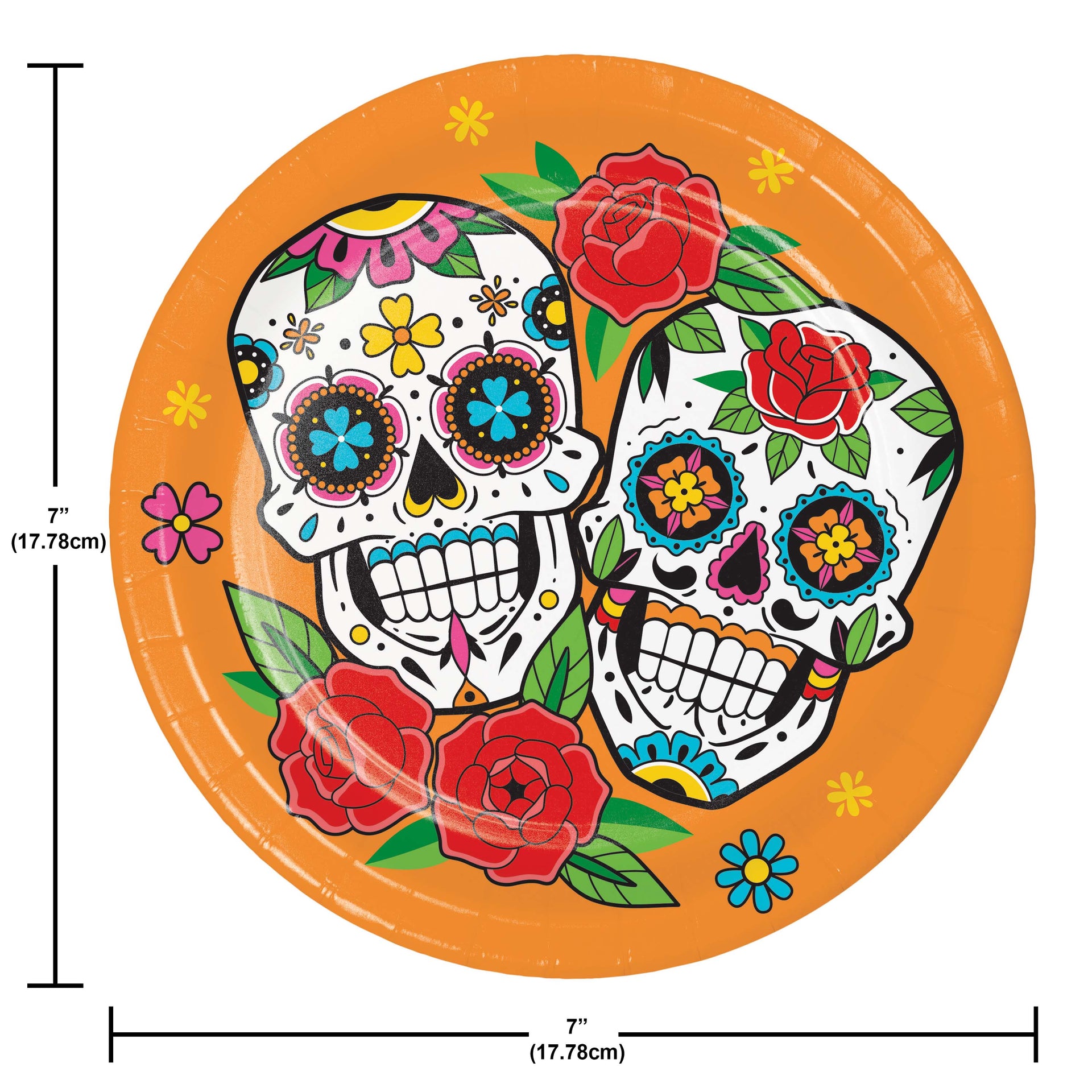 Colorful skull design paper plate with roses and measurements on an orange background