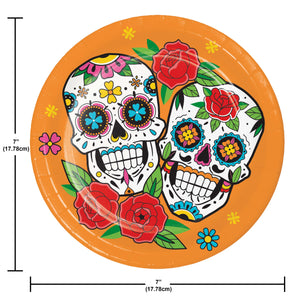 Colorful skull design paper plate with roses and measurements on an orange background