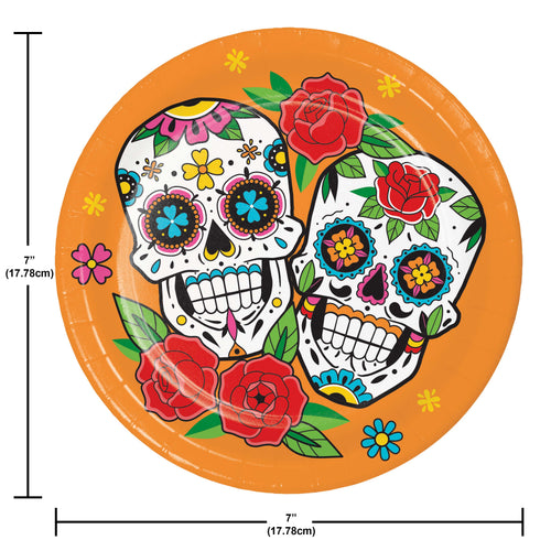 Colorful skull design paper plate with roses and measurements on an orange background