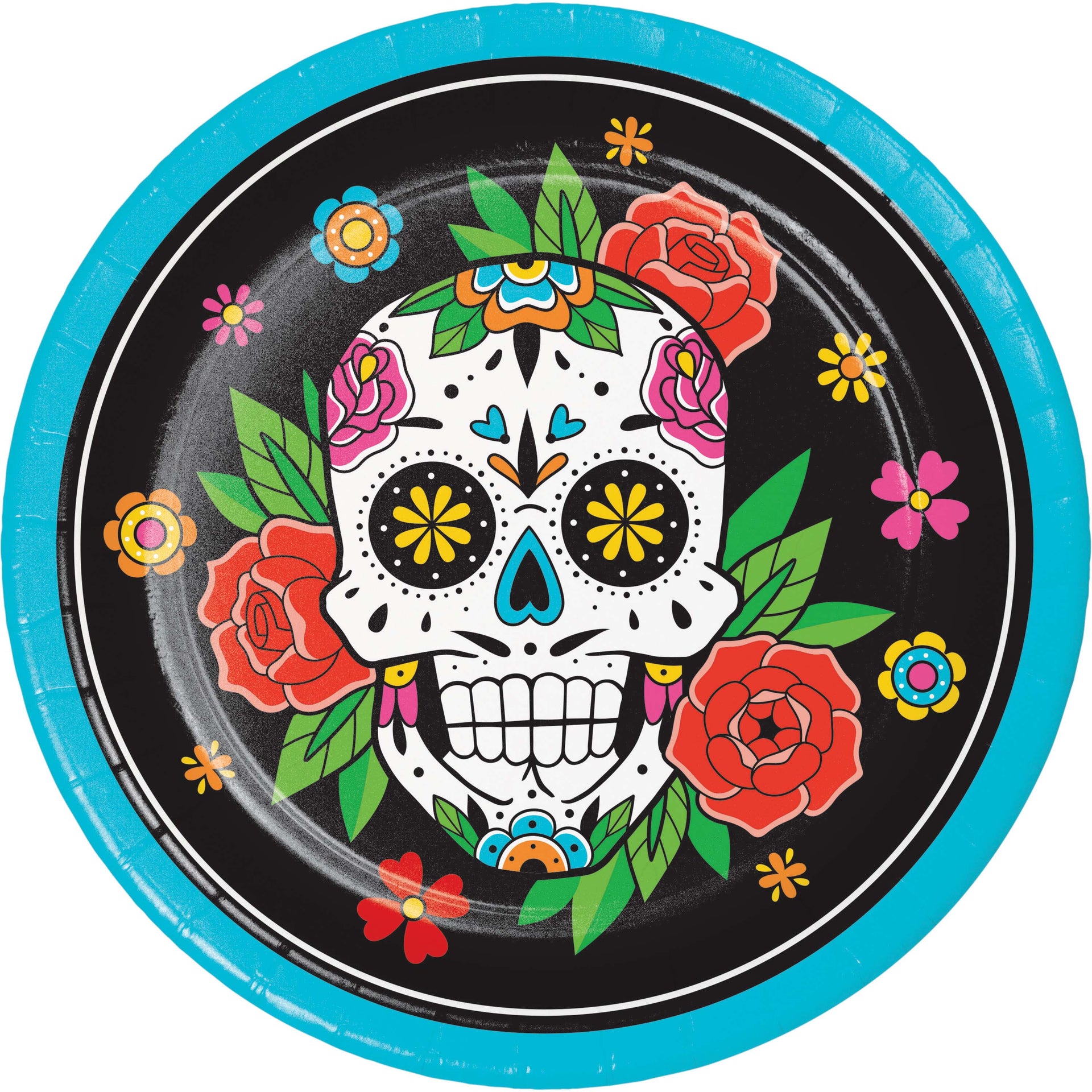 Decorative plate with a colorful skull design and flowers on a black background