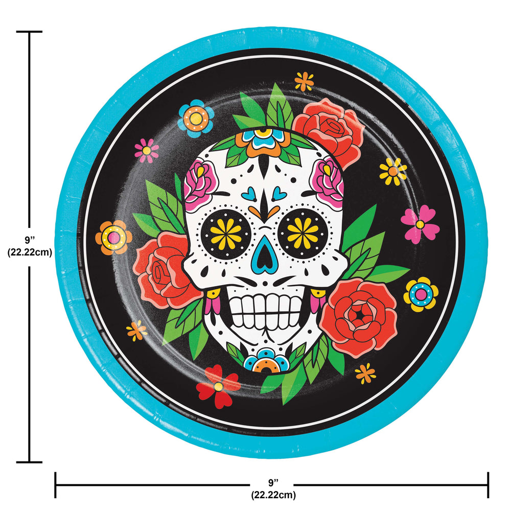Decorative plate with skull design and flowers, featuring measurements on a white background.