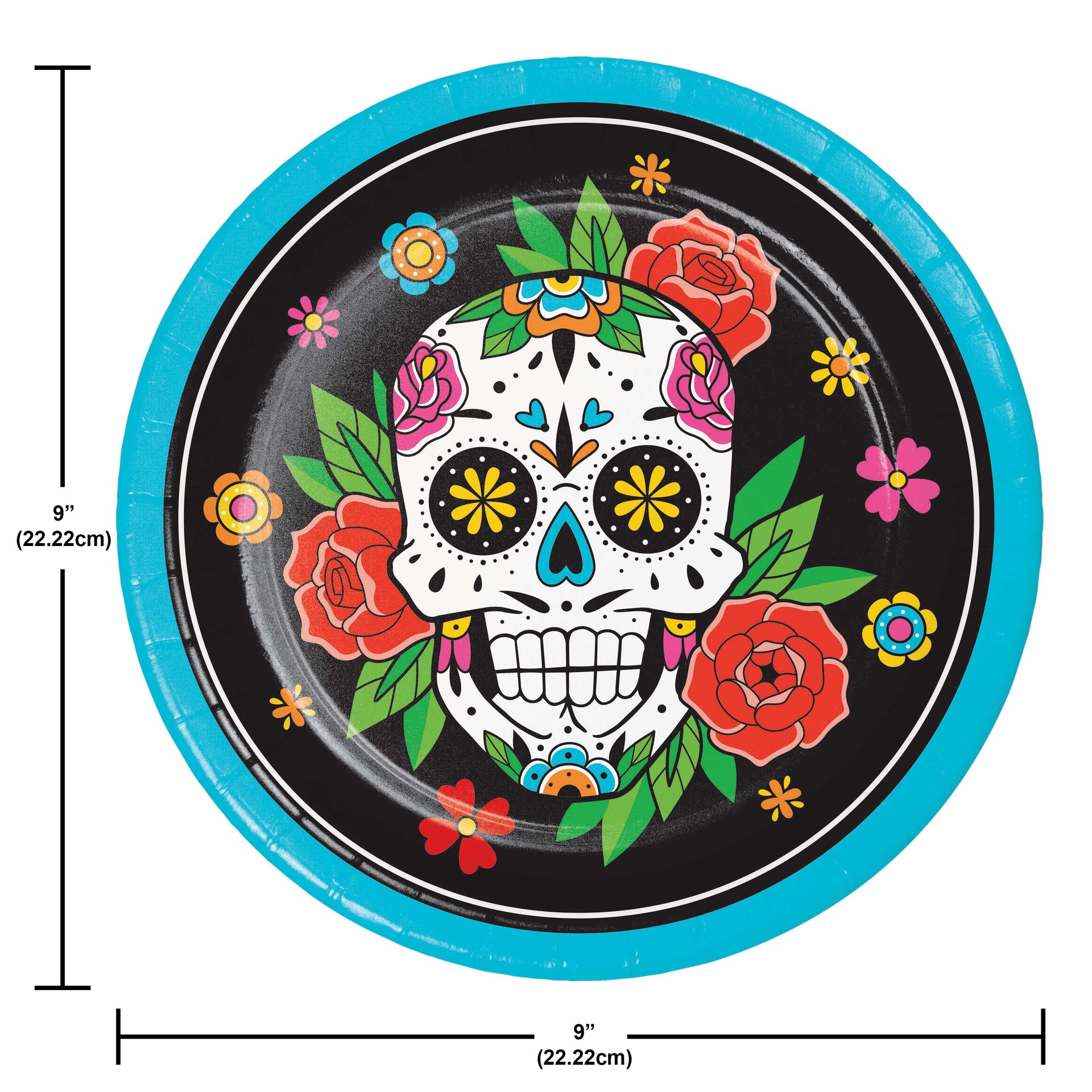 Decorative plate with skull design and flowers, featuring measurements on a white background.
