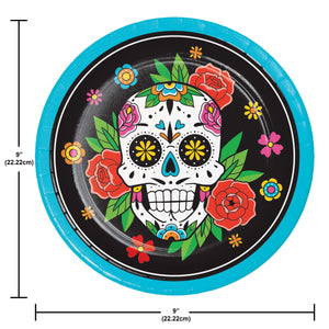 Decorative plate with skull design and flowers, featuring measurements on a white background.