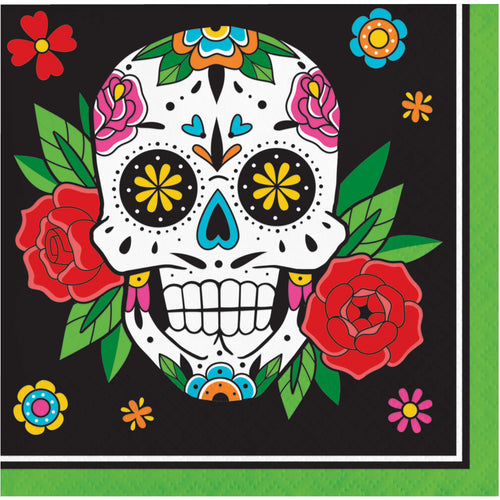 Colorful sugar skull design with flowers on a black background
