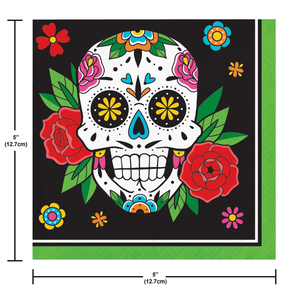 Colorful sugar skull design with flowers on a black background, with dimensions indicated.