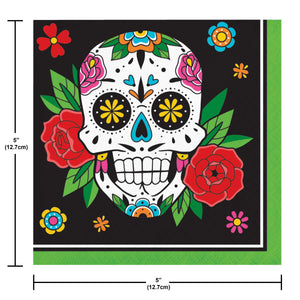 Colorful sugar skull design with flowers on a black background, with dimensions indicated.