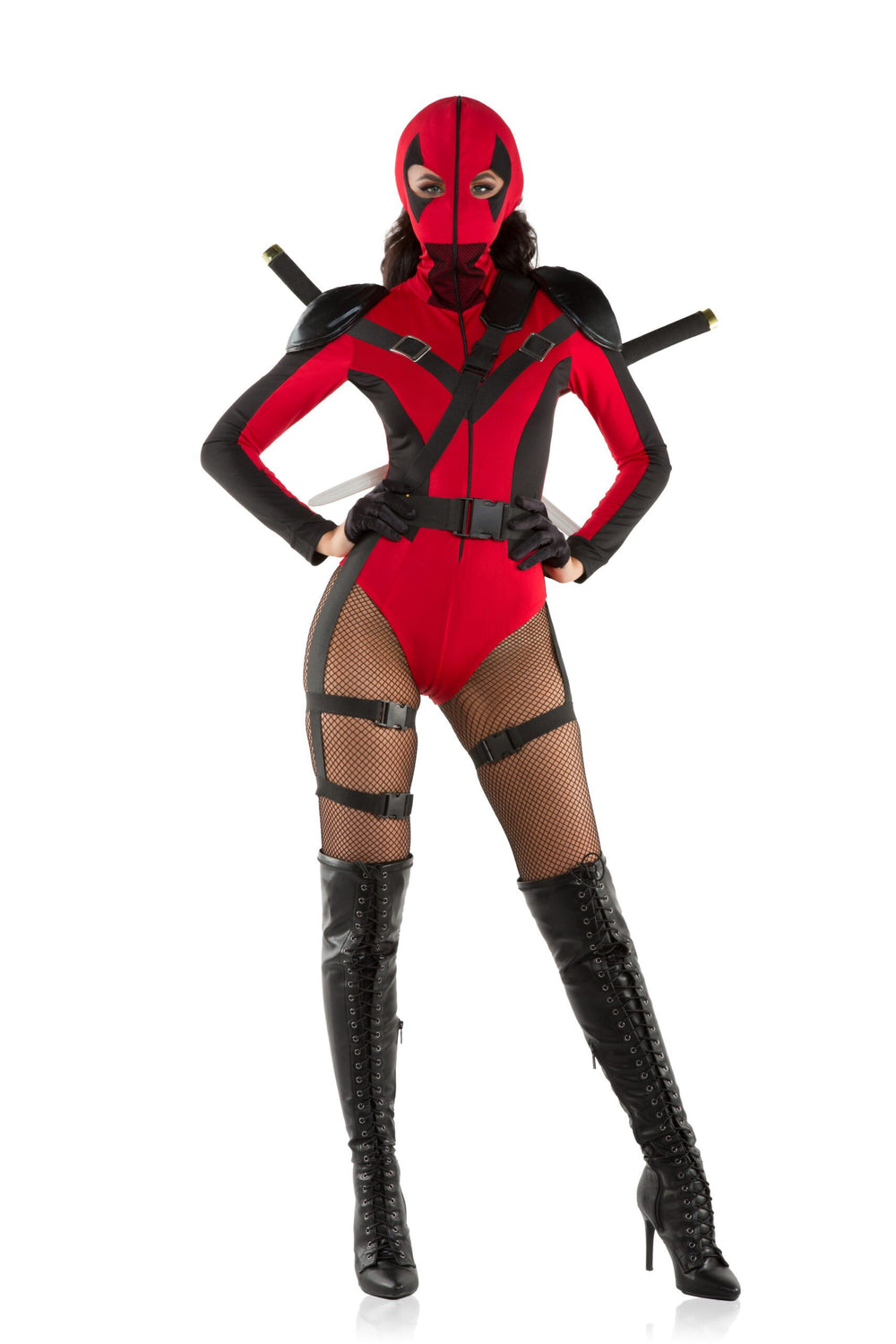 Person wearing a red and black superhero costume on a white background