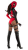 Person wearing a red and black costume with fishnet stockings and high boots on a white background