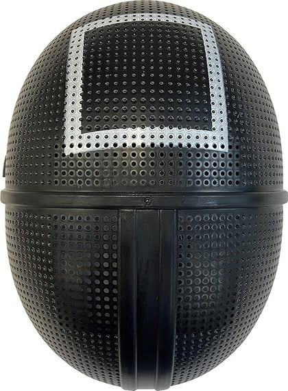 Black textured ball with a square opening on a white background