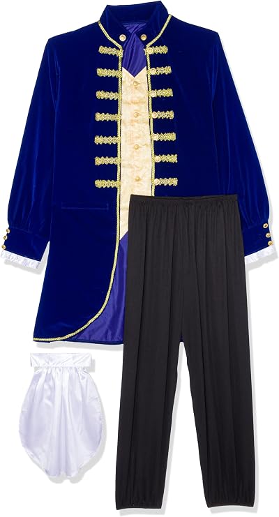 A costume set featuring a royal blue velvet jacket with gold trim and buttons, black pants, a white ruffled cravat, and a cream-colored vest, displayed on a solid white background.