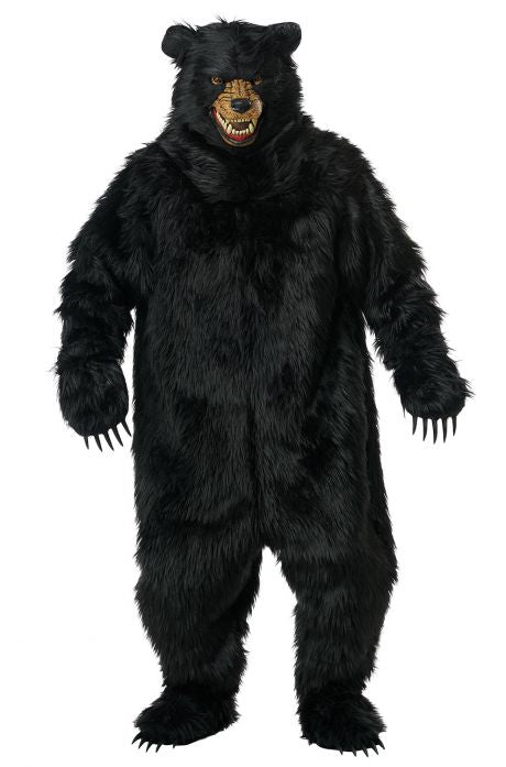 Black furry bear costume with a detailed face on a white background