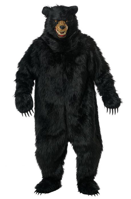 Black furry bear costume with a detailed face on a white background