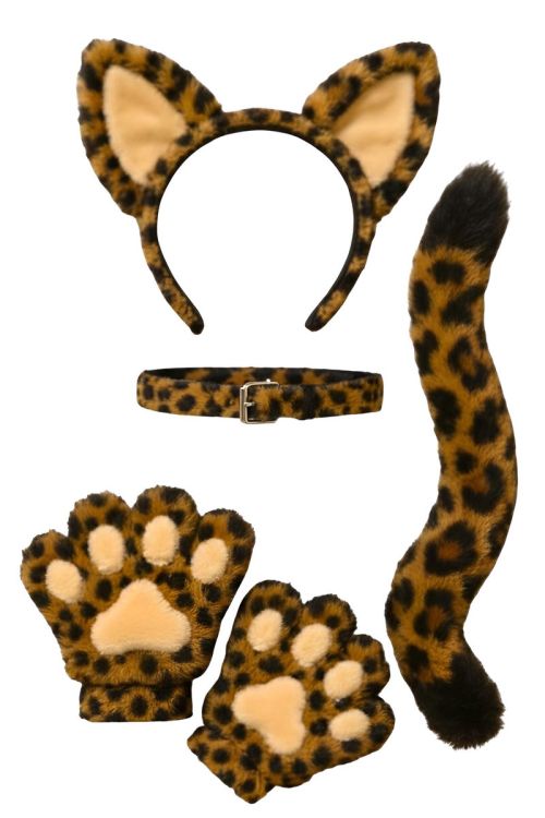 Leopard print accessory set including headband, belt, paw gloves, and tail on a white background