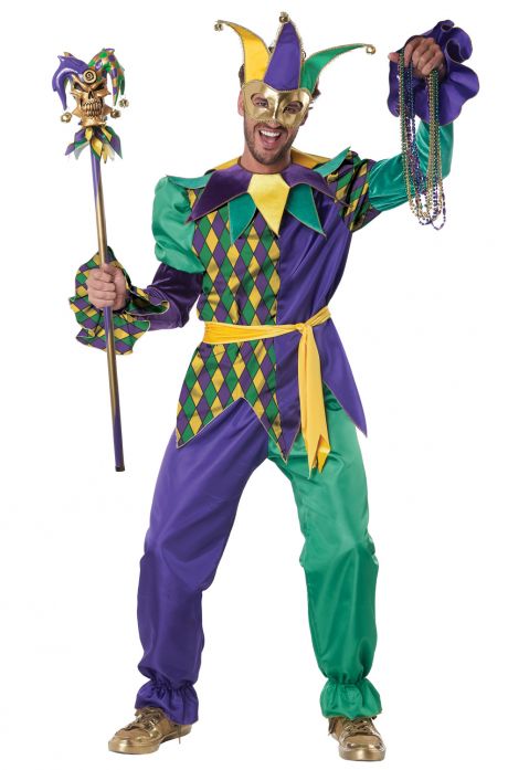 Person wearing a colorful Mardi Gras jester costume with a mask and accessories.