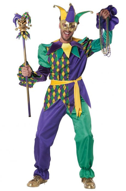 Person wearing a colorful Mardi Gras jester costume with a mask and accessories.