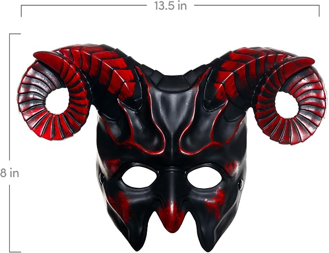 Black and red demonic ram mask with large curved horns, shown on a white background with dimension lines indicating 13.5 inches wide and 8 inches tall.