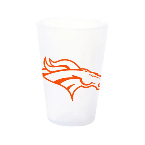White cup with orange Broncos logo on a white background