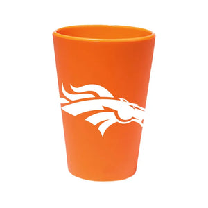 Orange tumbler with a white logo on a white background