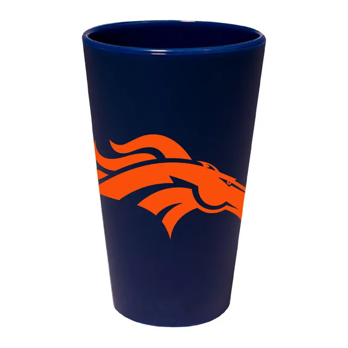 Blue tumbler with orange logo on a white background