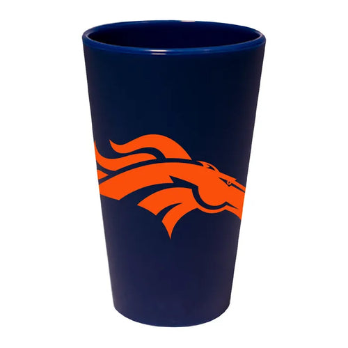 Blue tumbler with orange logo on a white background