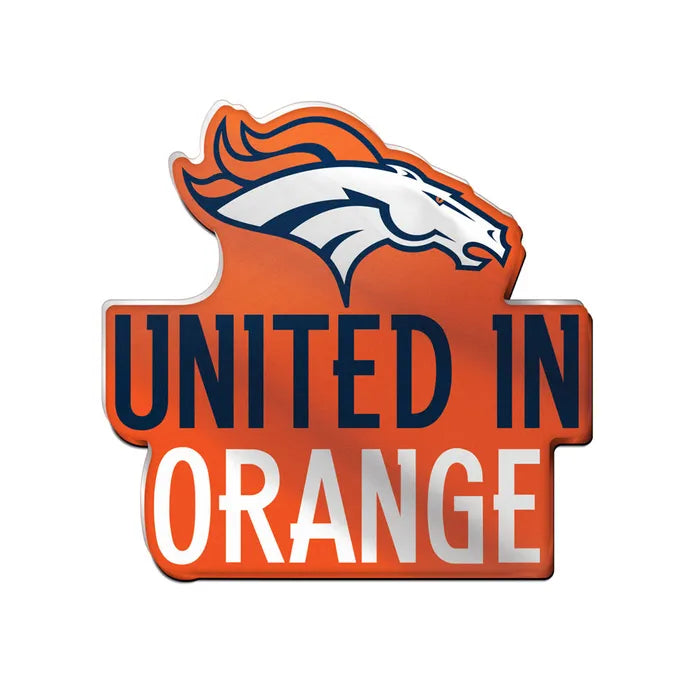 Denver Broncos logo with 'United in Orange' text on an orange background