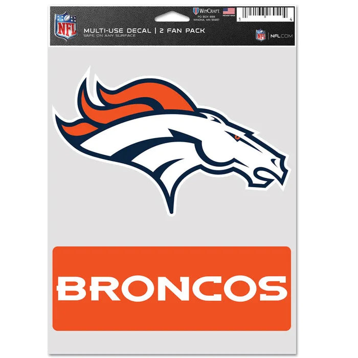 Denver Broncos multi-use decal with logo and 'BRONCOS' text on a white background