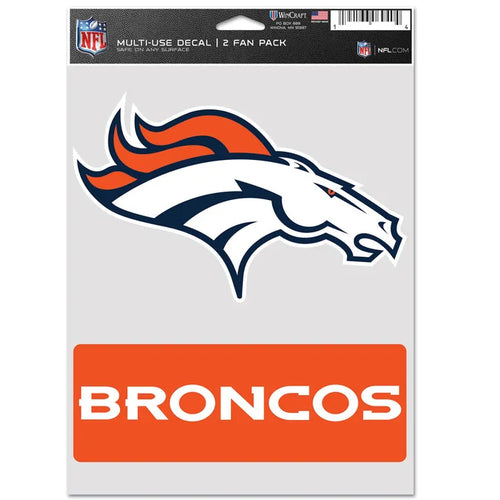 Denver Broncos multi-use decal with logo and 'BRONCOS' text on a white background