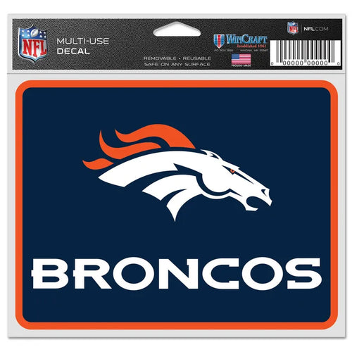 Denver Broncos multi-use decal with team logo and name on a blue background