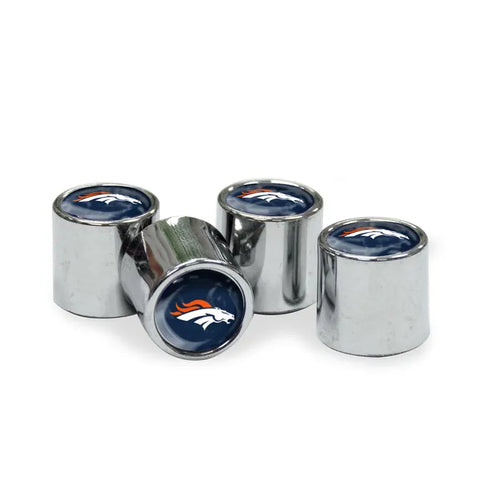Four chrome valve stem covers with Denver Broncos logo on a white background