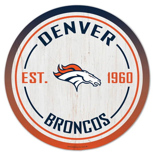 Circular Denver Broncos logo with team name and establishment year on a white background