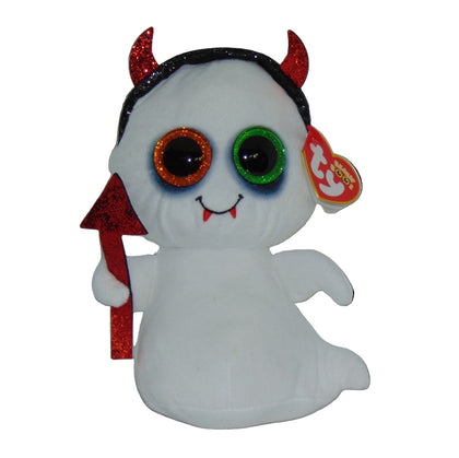 Devil-themed plush toy with red horns, red pitchfork, and colorful eyes on a white background