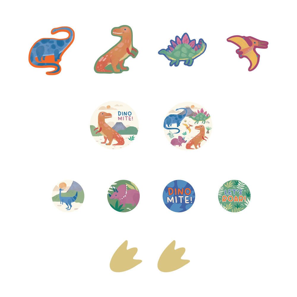 Set of colorful dinosaur-themed stickers and temporary tattoos on a white background