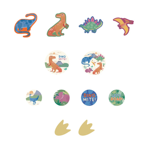 Set of colorful dinosaur-themed stickers and temporary tattoos on a white background